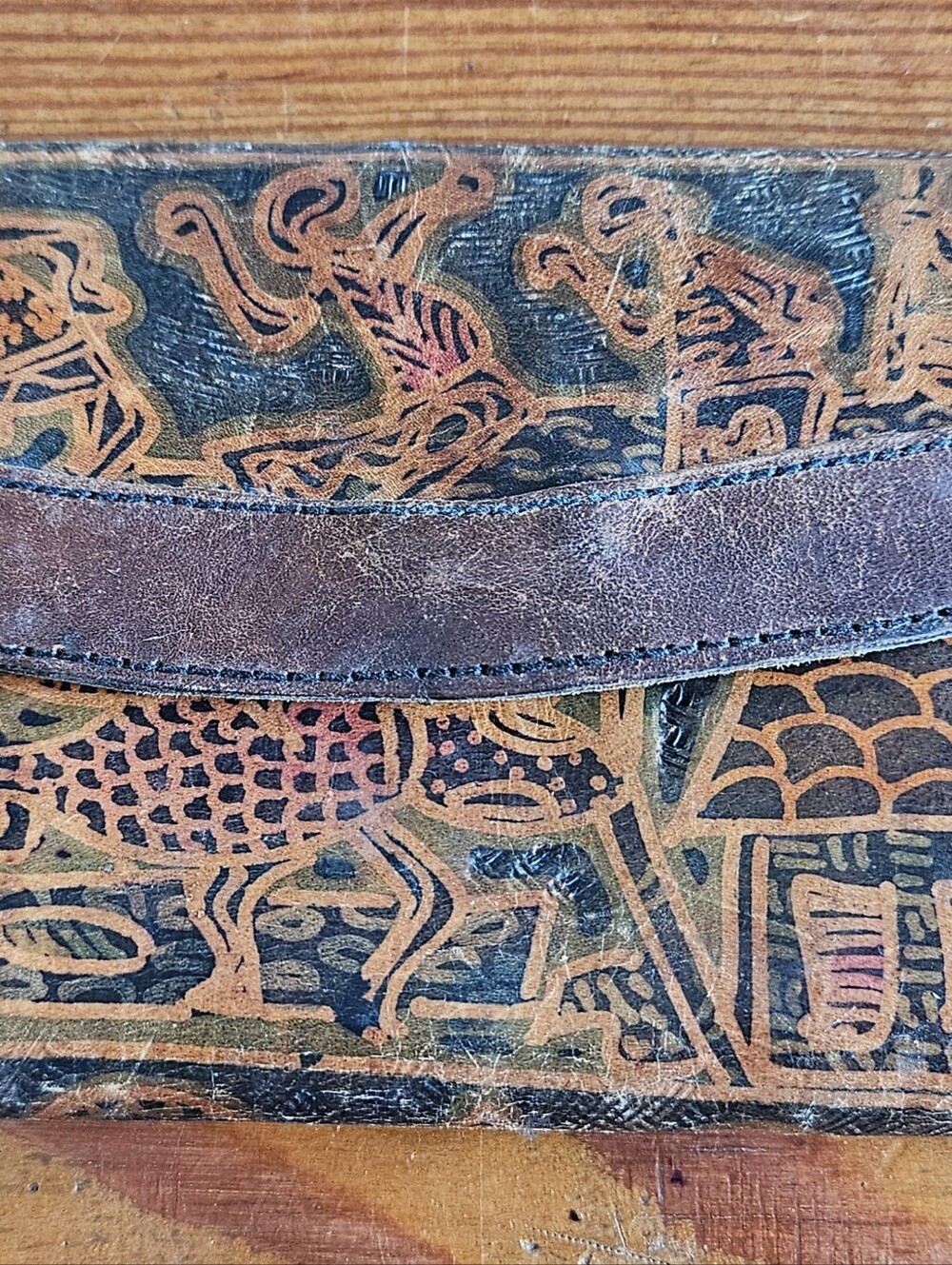 Vintage Womens Leather Wallet Dragon & Native People Design 7.5"×4 1/ 4"